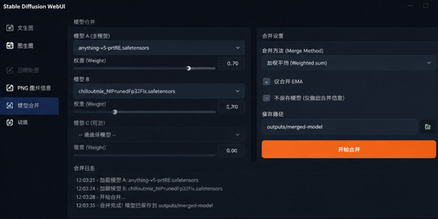 SD WebUI模型合并界面,展示模型权重与合并参数